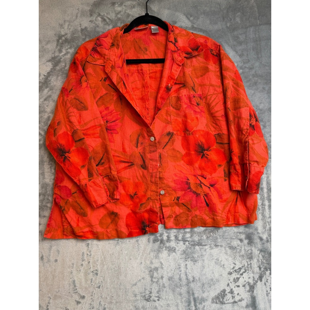 Chicos 100% Linen Floral Button Down Shirt Orange Red Size 2 Large